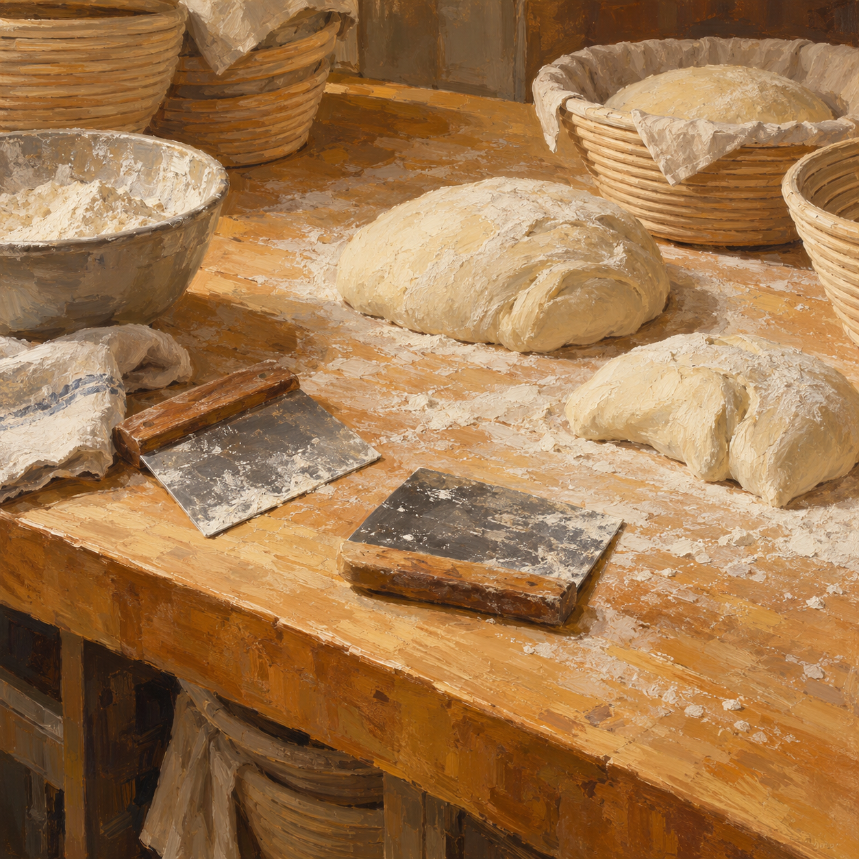 Illustration of artisan bakery: dough scrapers, a flour-dusted maple bench, proofing baskets